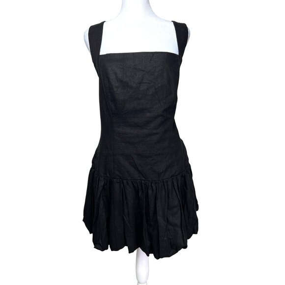 House Of Harlow Black Halter Smocked Linen Blend Bubble Hem Mini Dress Large - Picture 8 of 14